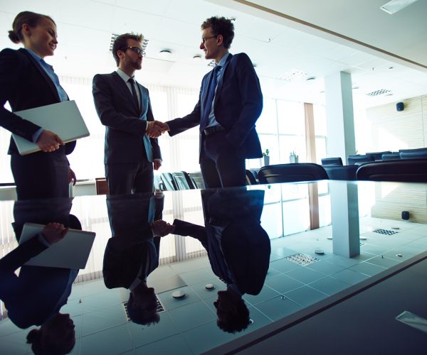 Successful professionals handshaking in office with young businesswoman near by